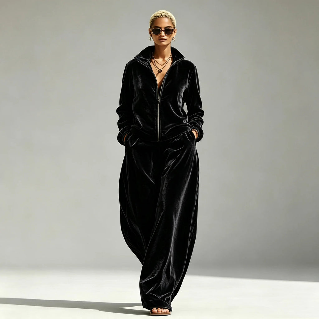 Autumn Winter Warm Gold Velvet Two Piece Set Women's Fashion Solid Zipper Open Coat With Wide Leg Pants Set Ladies Office Outfit