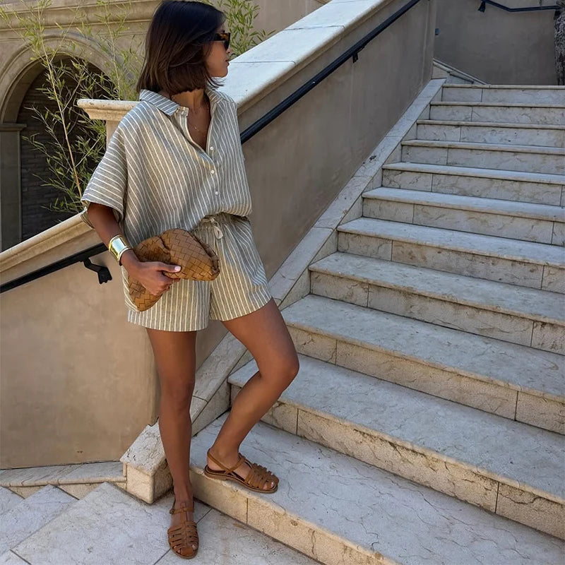 Casual Drawstring Shirt Pants Set Women Lapel Button Short Sleeve Pocket Loose Top Wide Leg Pants 2025 Chic Summer Women's Suit