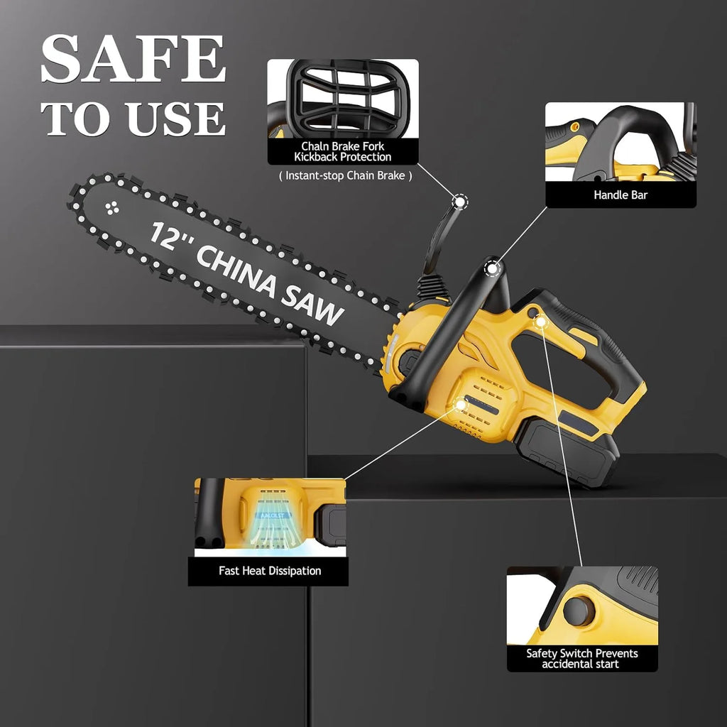 12" Cordless Chainsaw Handheld Garden Electric Chain Saw for Tree Branch Wood Cutting Compatible With DeWalt 20v Battery