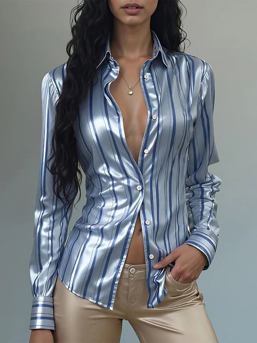 Women Satin Striped Shirt Slim Fit Single Breasted Long Sleeve Button Up Tops Vintage Y2K Pinstripe Turndown Collar Blouses