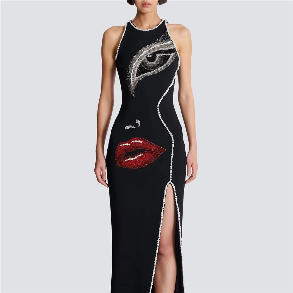 Women Fashion Pearl Bandage Dress Sexy Beading Sleeveless Clothes Celebrity Party Elegant Dresses