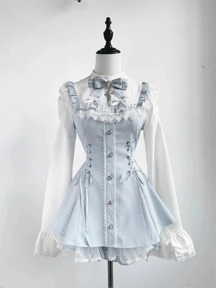 Gothic Lolita Two Piece Set with Bow, Y2K Aesthetic Flare Sleeve Mini Dress, Japanese Punk Style Party Co-ord Outfit