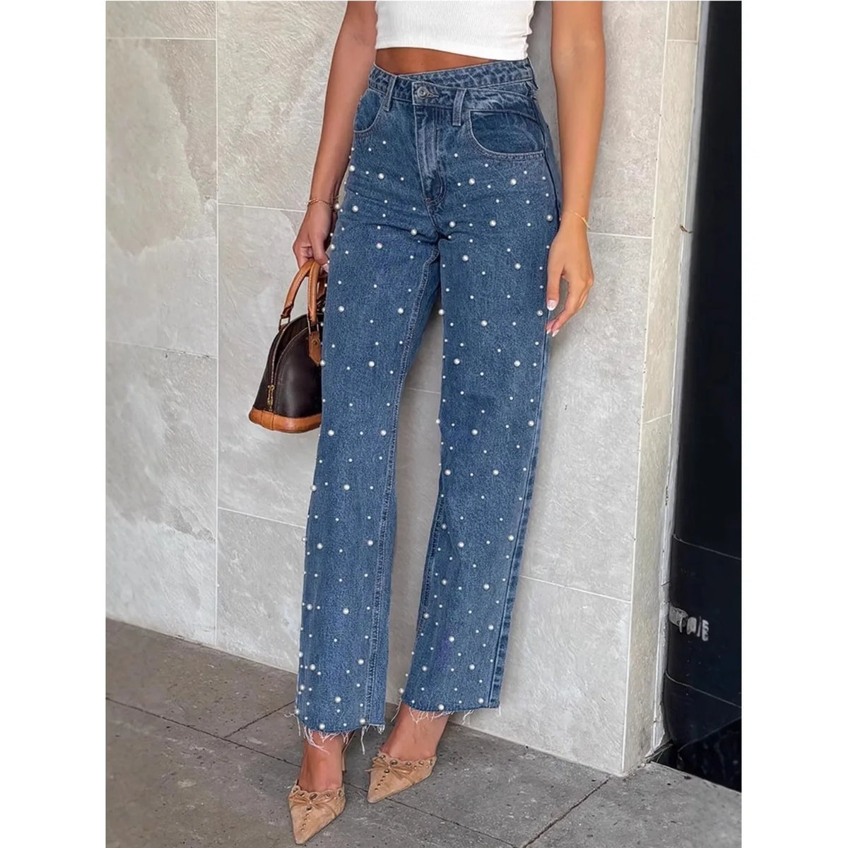 Fashionable Casual Rhinestone Frayed Straight Leg Jeans Women's Long Pants Cotton Natural Waist Comfortable Fit Spring Season