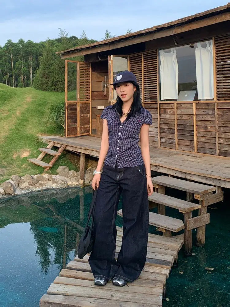 American Retro Blue Jeans Women Y2k Vintage Oversized High Street Wide Cargo Denim Trousers Casual Baggy Straight Denim Pants