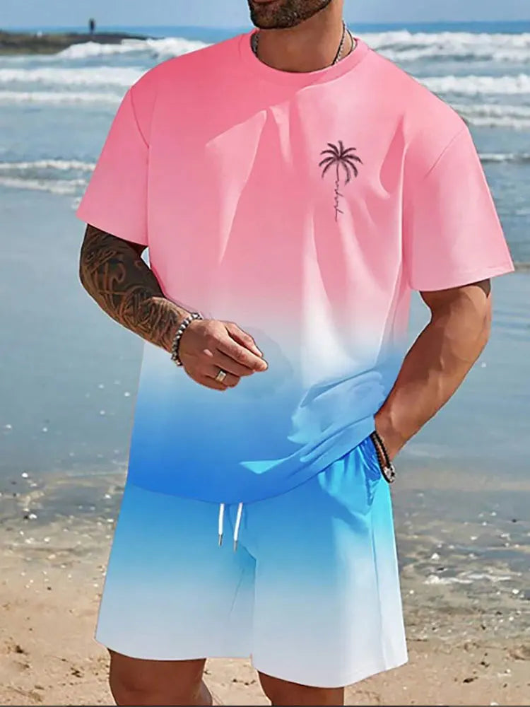 Vibrant Summer Men's 2 Piece Set Hawaiian Chic Casual Men's T-shirt Outdoor Beach Men's Shorts 3D Printed O-neck Short Sleeves