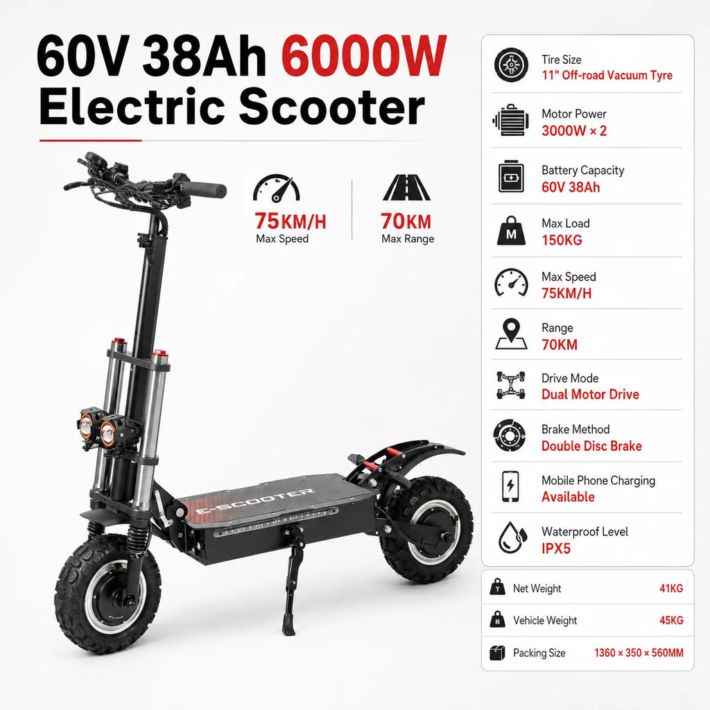 1200W-6000W SingleDual Motor Electric Scooter Adults 72V 60V 52V 48V Off Road Winter Snow Anti-Slip Foldable E-Scooter