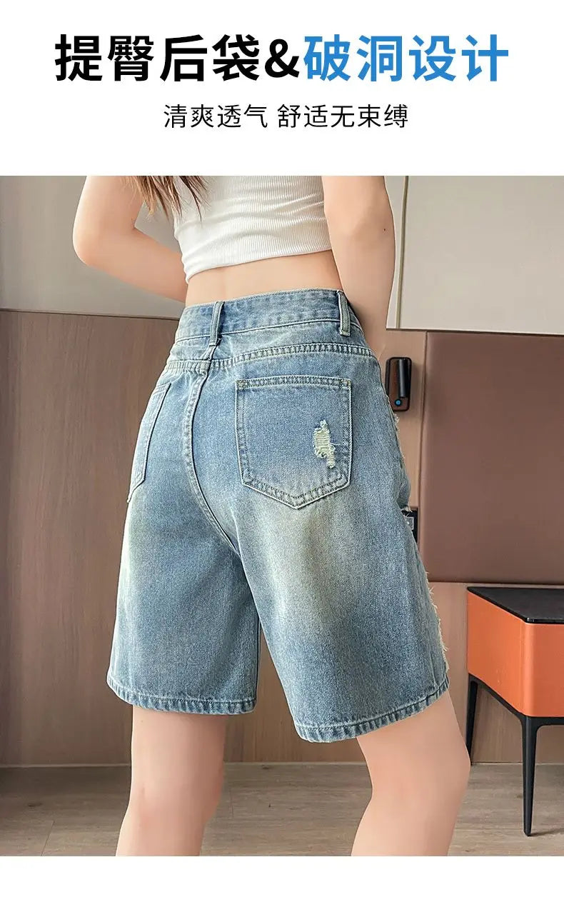 2026 Summer New Women Vintage Washed Ripped Denim Bermuda Shorts Loose Straight Five Points Casual Street Jeans
