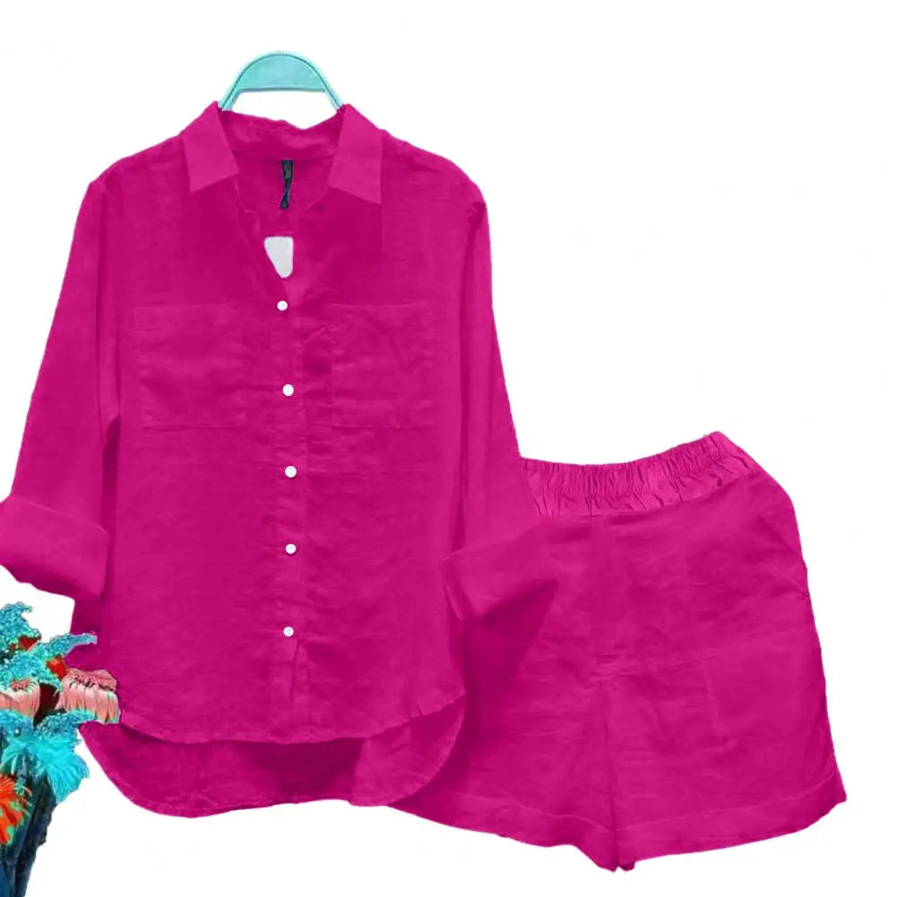 2 Pcs/Set Women Shirt Shorts Set Solid Color Loose Long Sleeves Elastic Waist Single-breasted Patch Pockets Irregular Hem Lapel