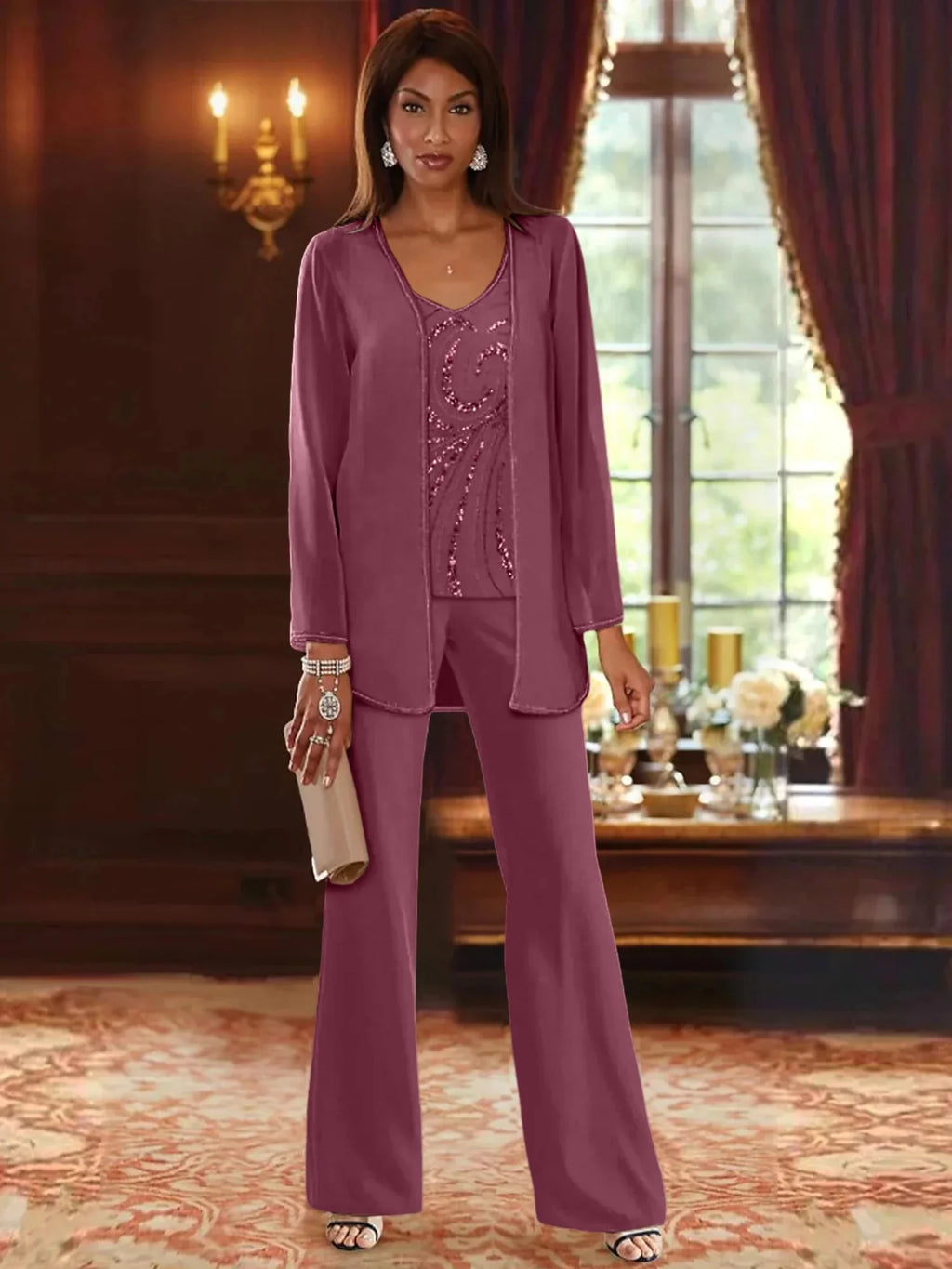 Pantsuit 3 Piece Mother of the Bride Dress Formal Wedding Guest V Neck Chiffon Lace Sleeveless with Beading Sequin 2024