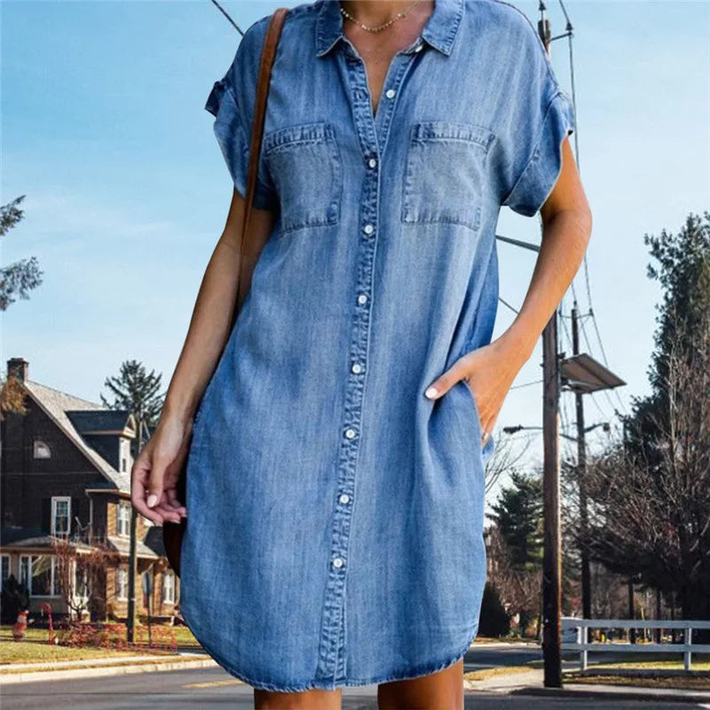 Summer Women's Denim Shirt Dress Single Breasted Casual Loose Pocket Retro Simple Denim Short Skirt
