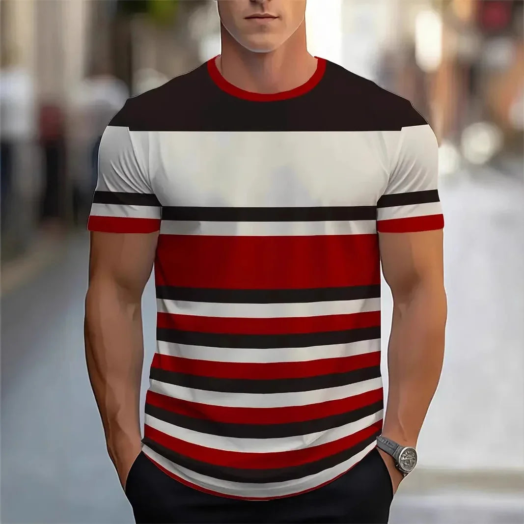 2026 Summer Men's 3D Stripe Print T-shirt Outdoor Breathable Sports Short Sleeve Trend Casual Oversized Streetwear Tops