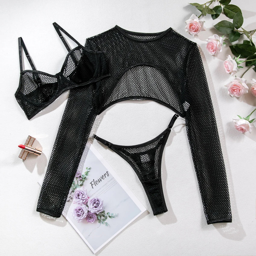 Sexy Transparent Bra Set With Long Sleeve Crop Top Fishnet Lingerie Eco-Friendly Packing