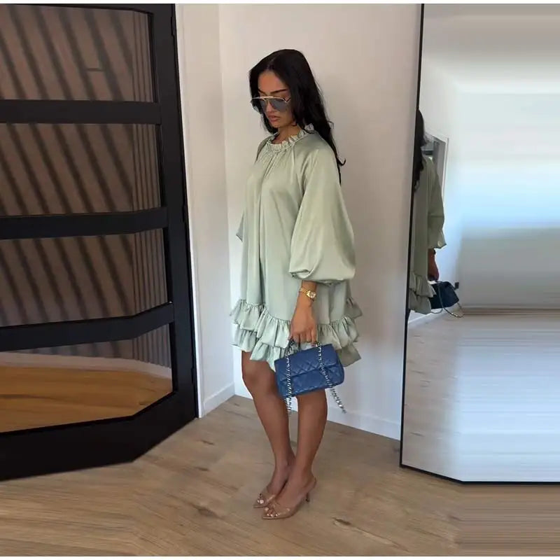 Fashion Ruffled Mini Dress for Women Elegant Long Puff Sleeve O Neck Short Dresses 2026 Summer New Lady Solid Loose Robe Street
