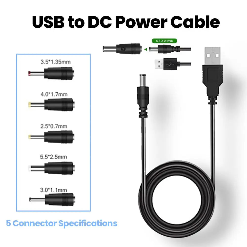 5 in 1 USB to 5V DC Power Cable 5.5 * 2.5mm Jack Charging Cord with 5 Selectable Connector Universal Power Cable for TV Box