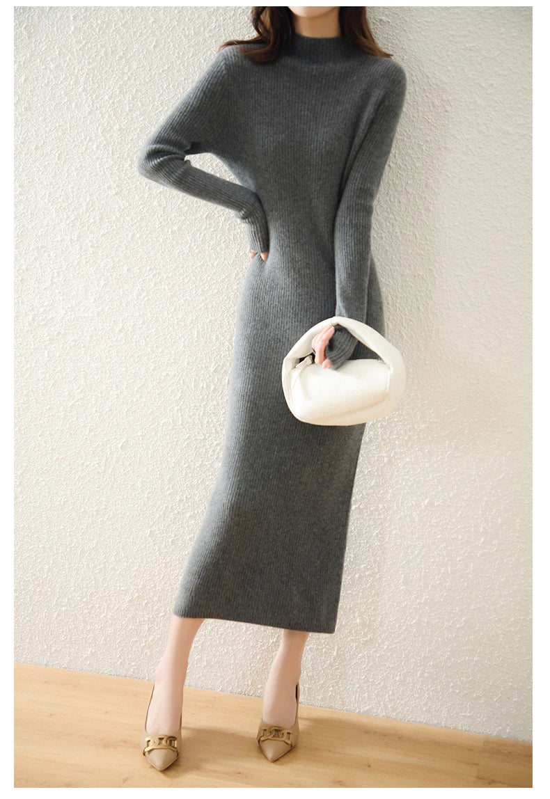 Autumn and winter semi high neck drawstring high elasticity slim fit 100% wool pullover dress, mid length over knee cashmere