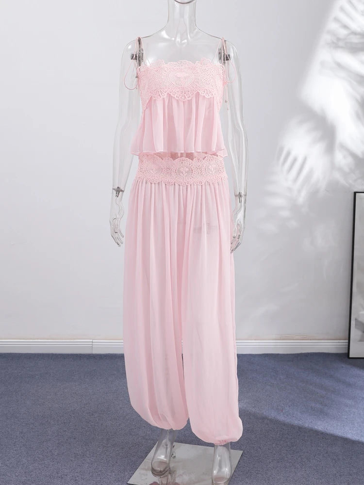 Lace Patchwork Pleated Slip Long Dress Women Sexy Spaghetti Strap Sleeveless Backless Loose Evening Dresses Chic Ladies Vestidos