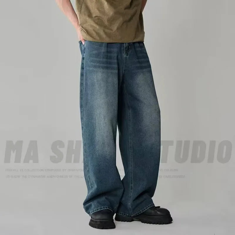 Spring Autumn Men's New Denim Pants Old Blue Washed Casual Jeans Menwear Loose New Fashion Contrasting Color Wide Leg Trousers