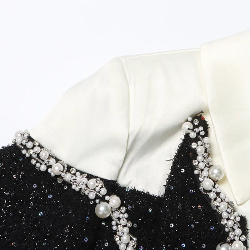 2025 Dress Women Female Clothing Fashion Summer New Sequined Contrast Color Heavy Beading Slim Fit Long Sleeve A-line Dress