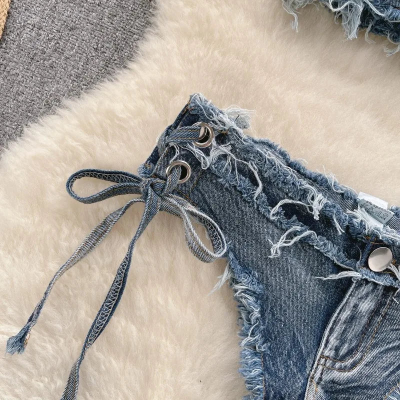 Retro Women Bikini Denim Suits Summer Halter Camis+ Mini Pant Lingerie Fashion Vacation Swimsuits Sexy Bra&Briefs Sets