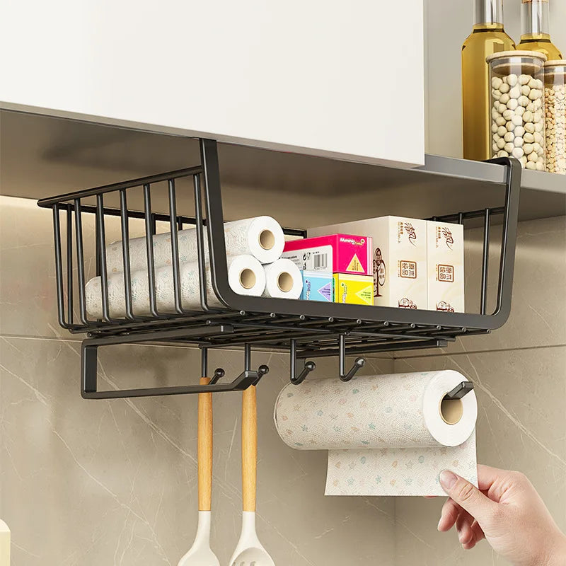Kitchen Under Cabinet Basket Organizer Storage Hanger Cup Holder Closet Desk Hanging Rack for Kitchen Paper Towel with 4 hooks