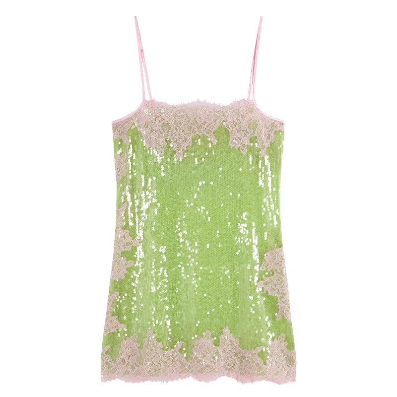 Women Chic Sequin Spaghetti Strap Mini Dress Lightweight Sexy Lace Trim Slimming Sleep Dresses 2026 Summer Beach Vacation Wear