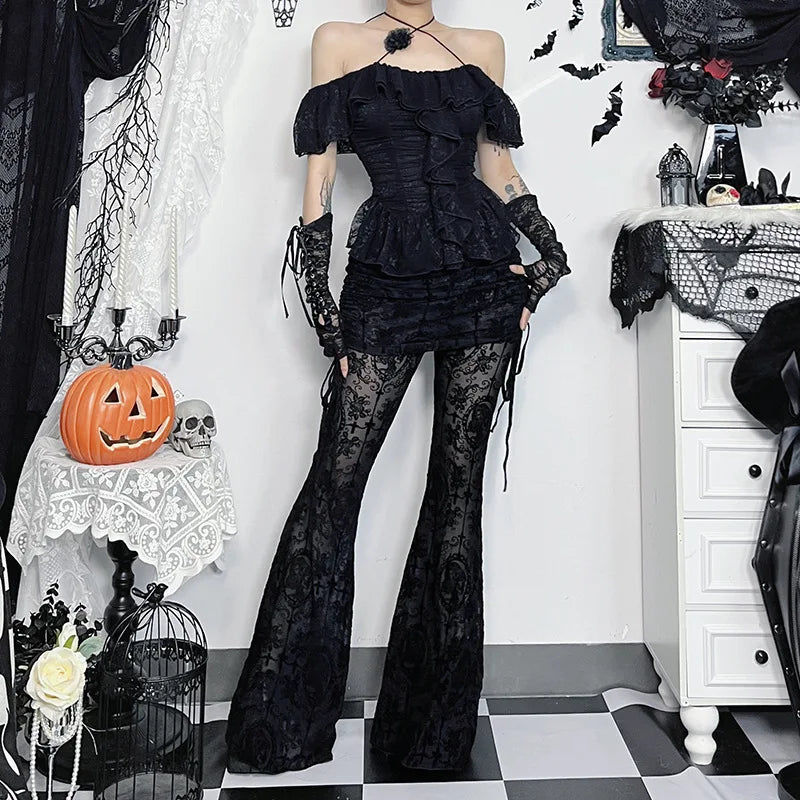 AltGoth Gothic Dark Flocking Pants Women Streetwear Aesthetic Emo Alt Grunge See Through Lace-up High Waist Flare Pants Female