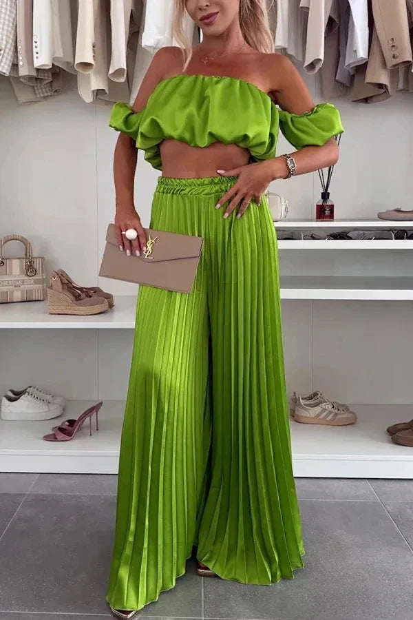 2026 Summer Women Sets Sexy Off-shoulder Sleeveless Short Tops+ Wide Leg Pants 2 Piece Sets Fashion Party Casual Trousers Outfit