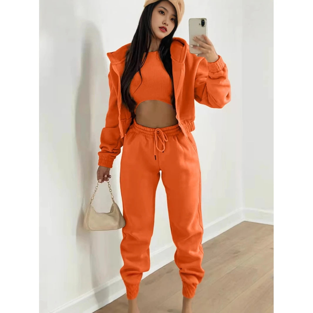Women's Three-Piece Set Fleece-Lined Hoodie Sweatpants Sporty Casual Winter Outfit Complete Matching Long Pants Leggings
