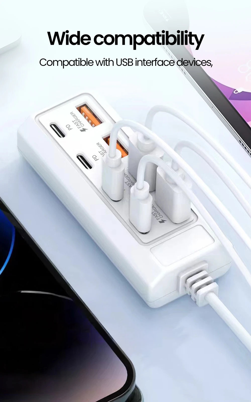 25W 8-in-1 USB Fast Charging Electrical Socket Type C Power Strip Charger Docking Station Power Outlet Adapter For Home Office