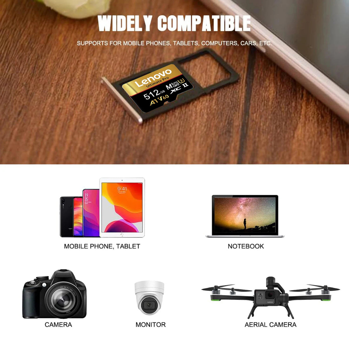 Lenovo Original Class 10 UHS-II Micro SD Card 1TB High Speed A1 V60 Stable Performance TF Flash Cards for Phone Camera Drone