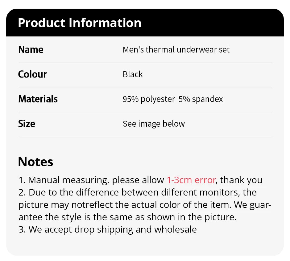 2-piece Men's Autumn/Winter Black Fashionable Versatile Warm Base Set Youth Round Neck Long Sleeved T-shirt Elastic Waisted Pant