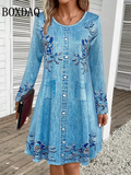 2026 Women's Casual Floral Imitation Denim 3D Print Dress Fashion Round Neck Autumn Loose A-Line Dress Long Sleeve Women's Dress