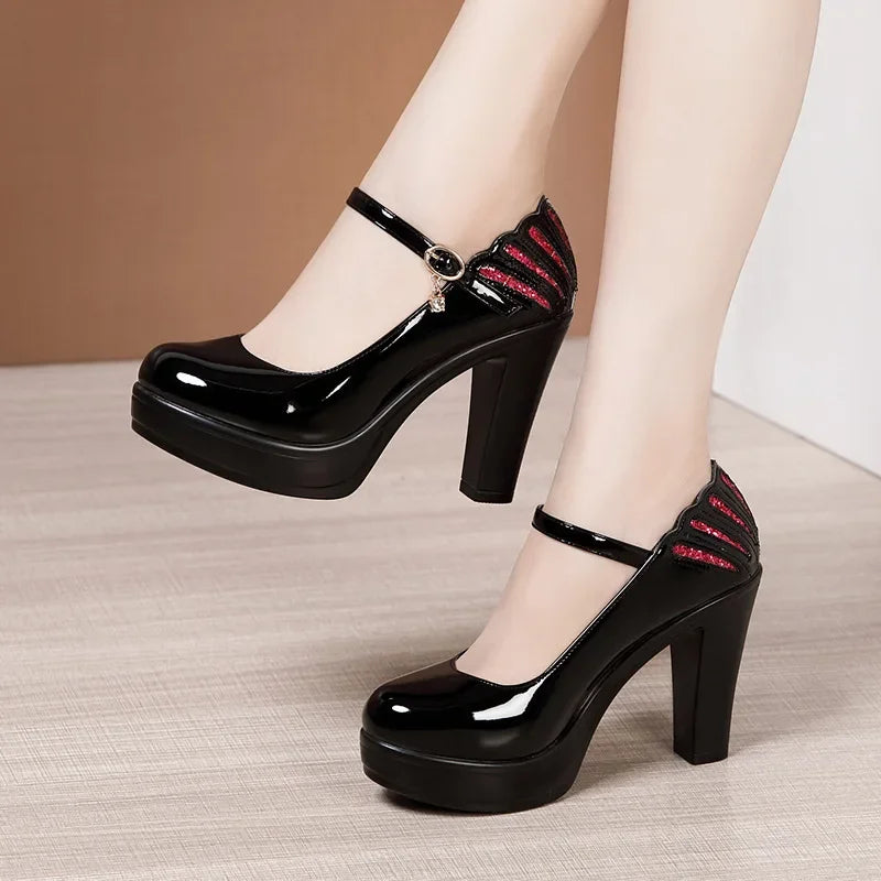 6 8 10cm Small Size 32-43 Shallow Patent Leather Shoes Women Mary Janes 2025 Fall Block Heels Shoes Platform Pumps Office Mom