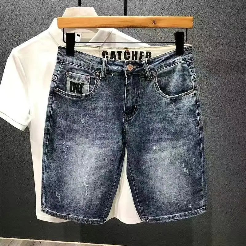Blue Old Retro Summer Men's Denim Medium Pants Embroidered Scratches Washed Versatile Elastic Shorts Cargo Half Pants Jeans