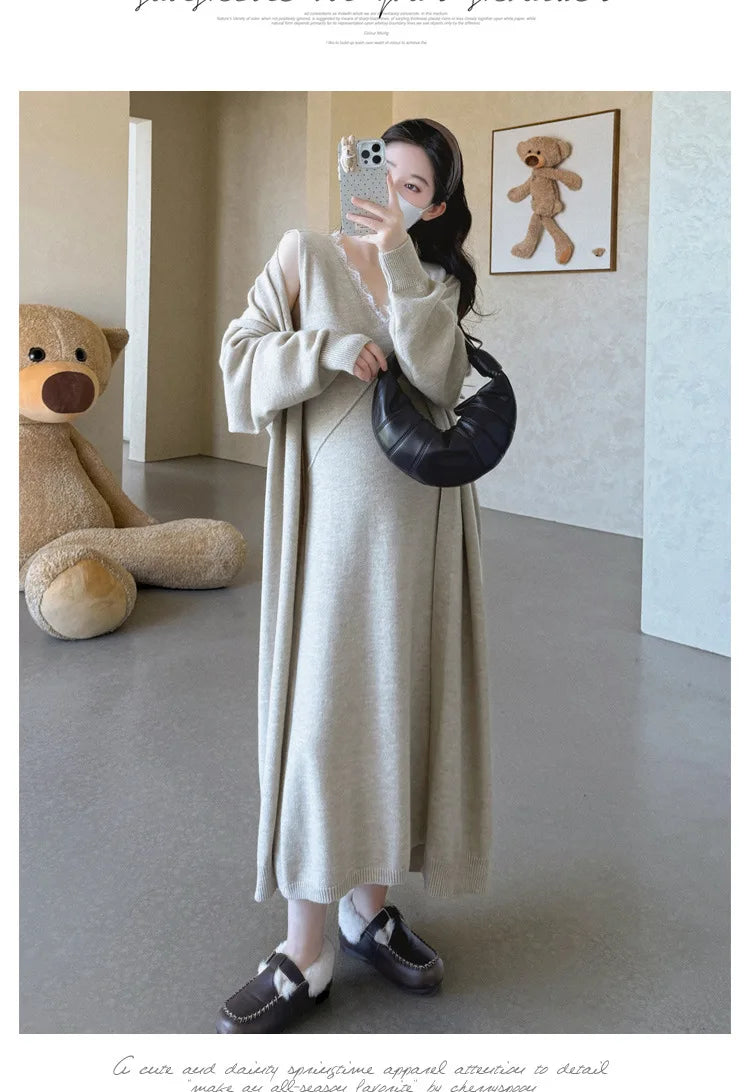 Maternity Suit  Autumn High-End Lazy Style Versatile Long Coat And Lace Paneled V Neck Straight Tank Dress Two Piece Set