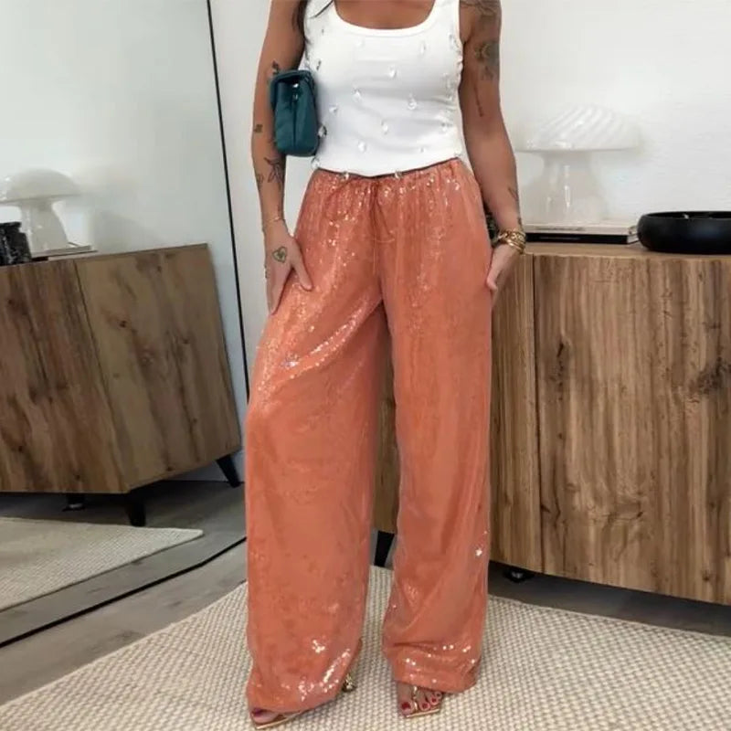 Street Sequin Loose Lace Up Pants Women Elastic Waist Wide Leg Trousers Female 2026 Spring Summer Lady Shiny Party Club Clothes