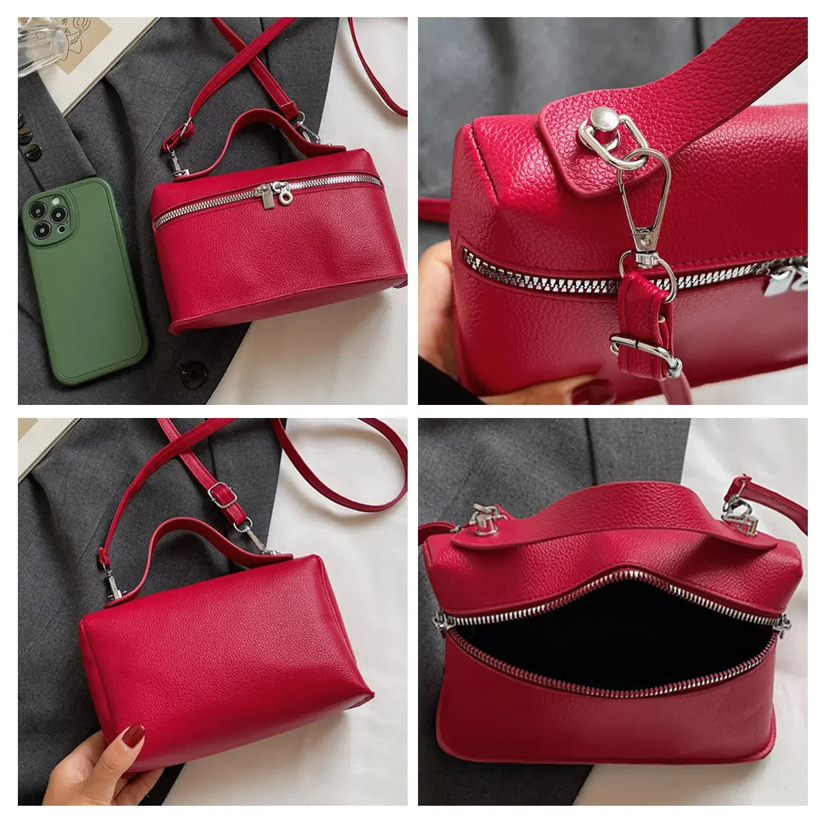 Minimalist Trend Solid Color Box Bag Litchi Pattern Portable Carrying Crossbody Bag Daily Commuting Versatile Square Bag