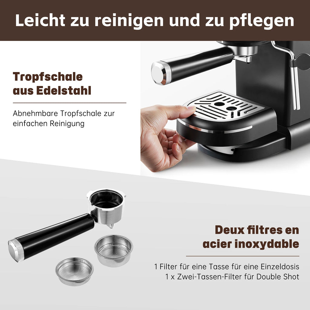 15 Bar 1.2L Removable Tank, Compact Cappuccino/Latte Maker, Stainless Steel, 1100W, Black Espresso Coffee Maker Machine