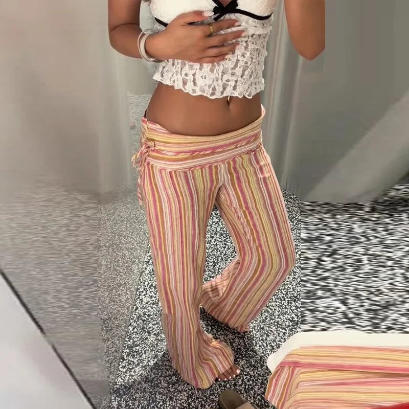 Color Vertical Stripe Women's Wide Leg Pants Folded Wide Waistband Side Thin Drawstring Tie Relaxed Drape Length Casual Pants