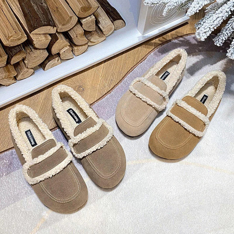 2026 Faux Suede Flats Women Lambswool Loafers Winter Warm Cotton Shoes Ladies Platform Fleeces Mocasines Female Sheep Fur Boots
