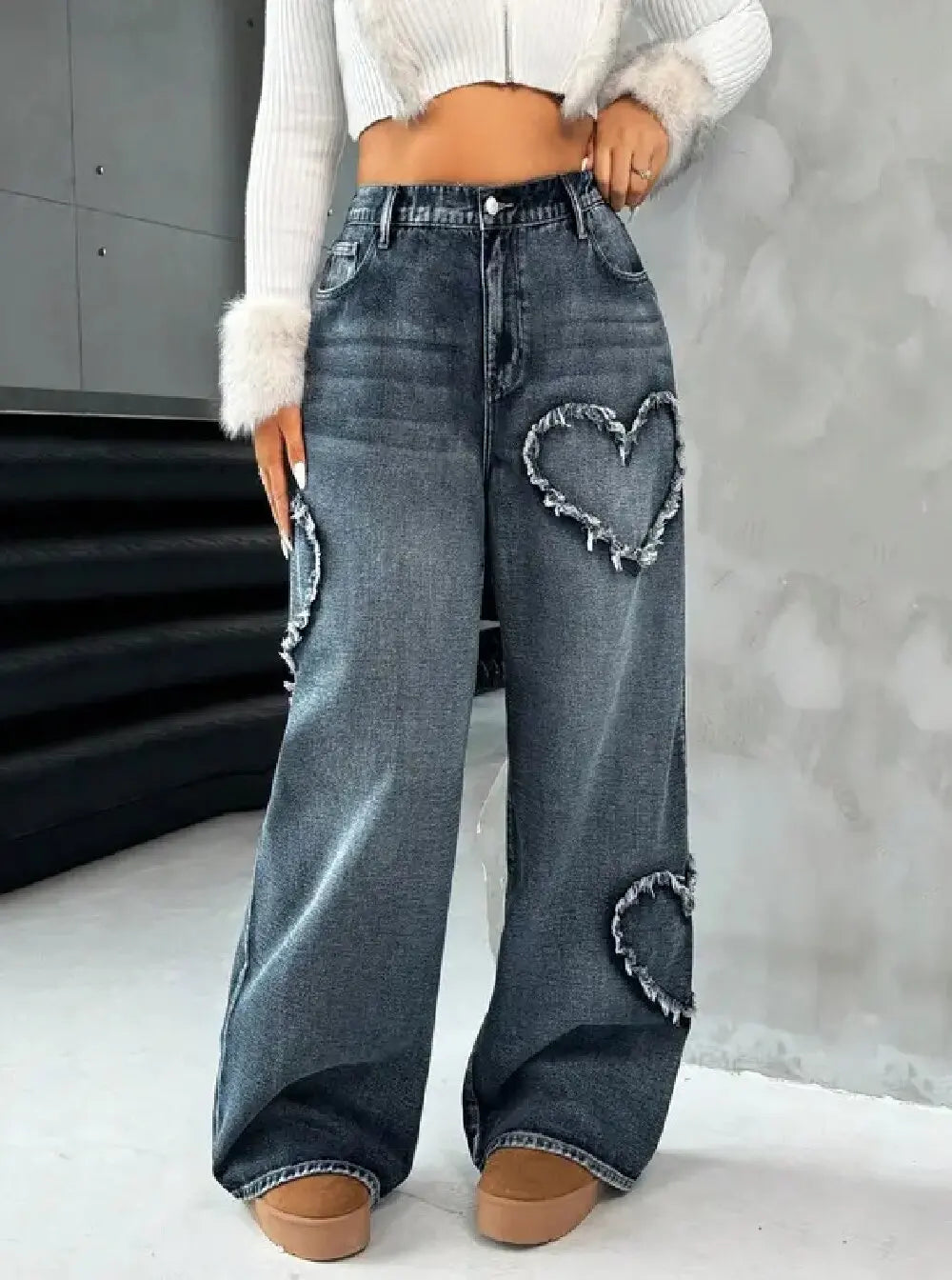 Women Retro Heart Raw Edge Spliced Jeans Heavy Washed Loose Straight Wide Leg Denim Pants Spring Autumn Casual Trousers