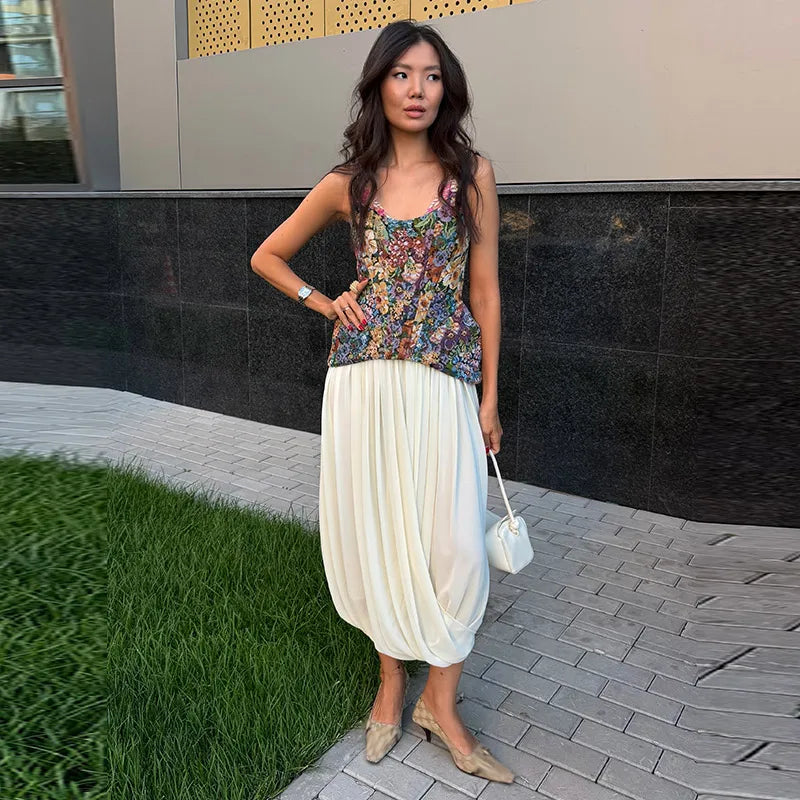 Women Top Floral Printed Spaghetti Strap Corset Top U-Neck Fishbone Boned Cinched Waist Irregular Hem Retro Vacation Camisole