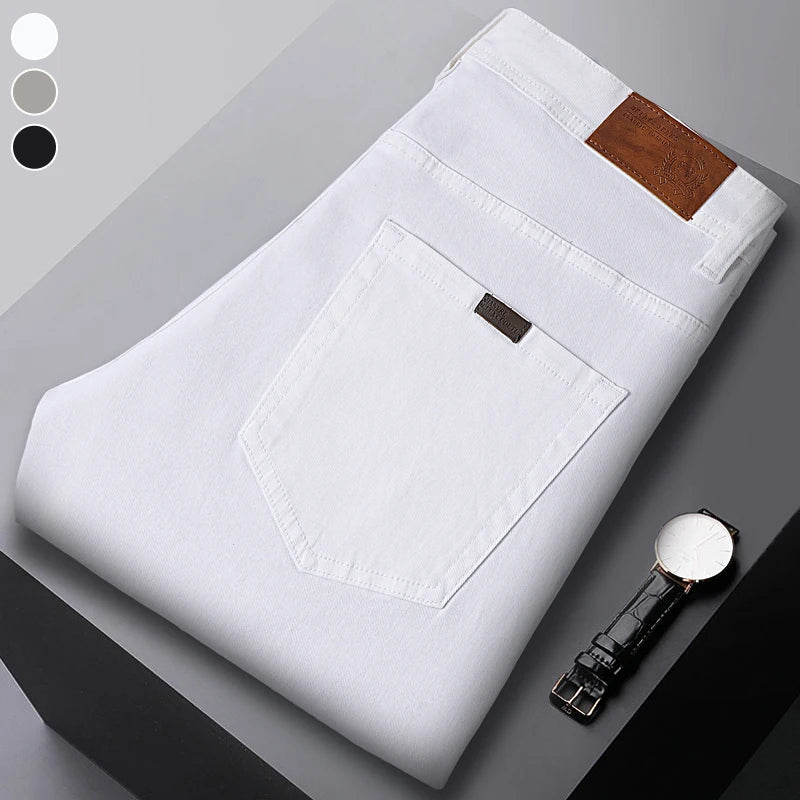 Men's White Jeans Fashionable Straight Business Casual Stretch Denim Pants Classic Fit Solid Color Comfortable All Season Pants