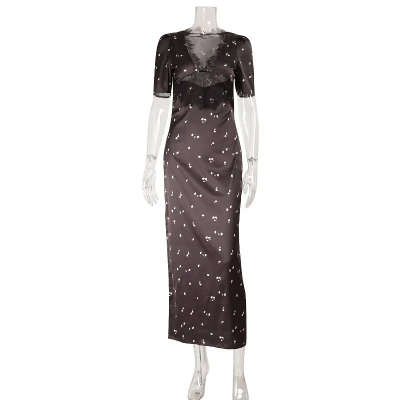 Satin Lace Patchwork Print Dress Women Black V-neck Short Sleeves High Waist Long Dresses Lady Hollow Out Daily Party Vestidos