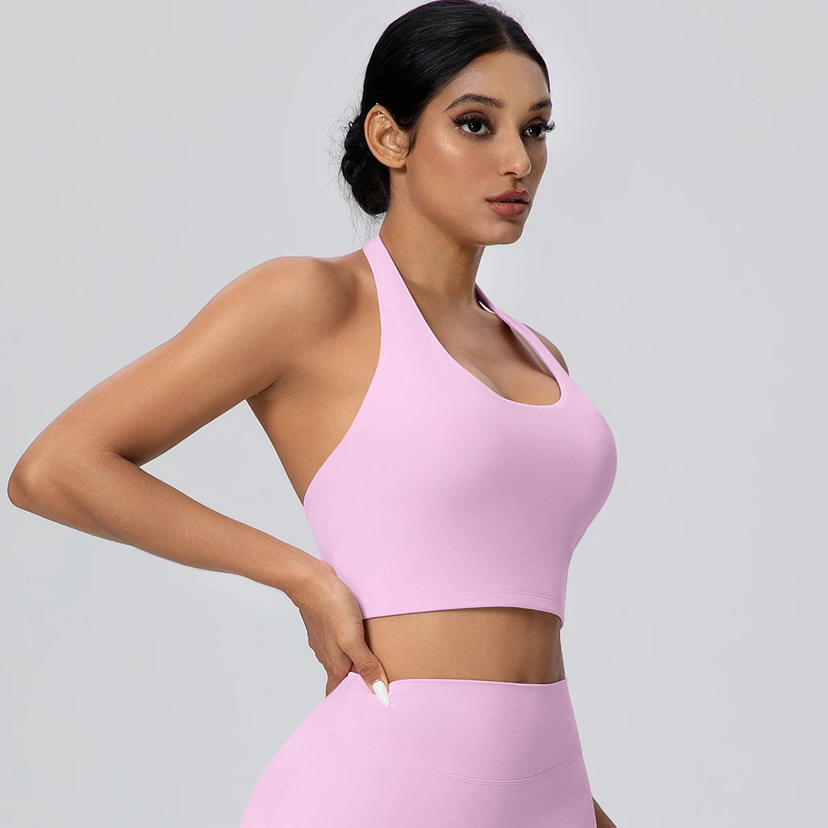 Woman Solid Color Sexy Neck Strap Bra Yoga Underwear With Chest Pad Backless Gather Shockproof Gym Workout Top Sports Yoga Bra