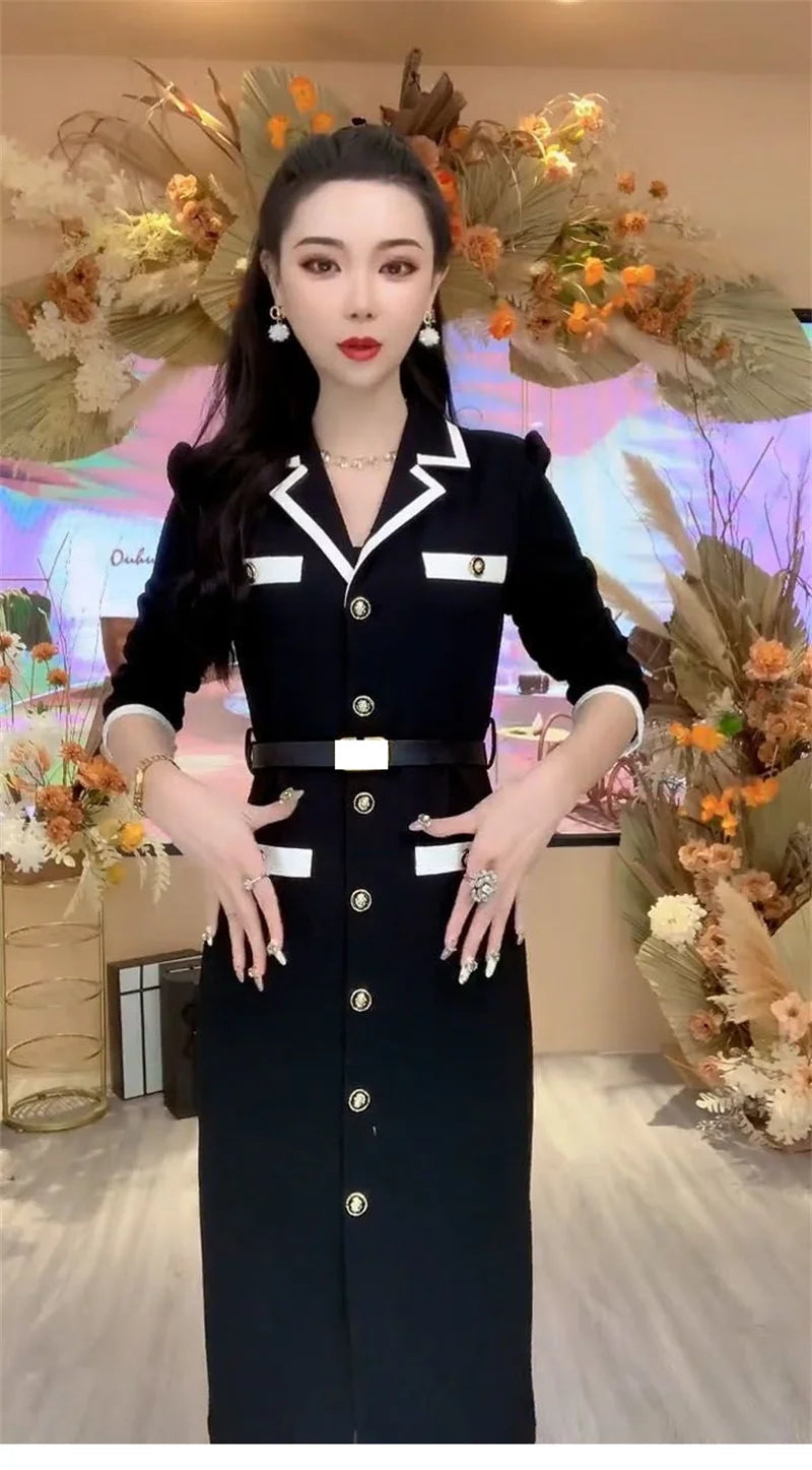 Women Fashionable New Button Decoration Small Fragrant Autumn Long Sleeve Dress Light Luxury High Waist Thin Mid length Dress