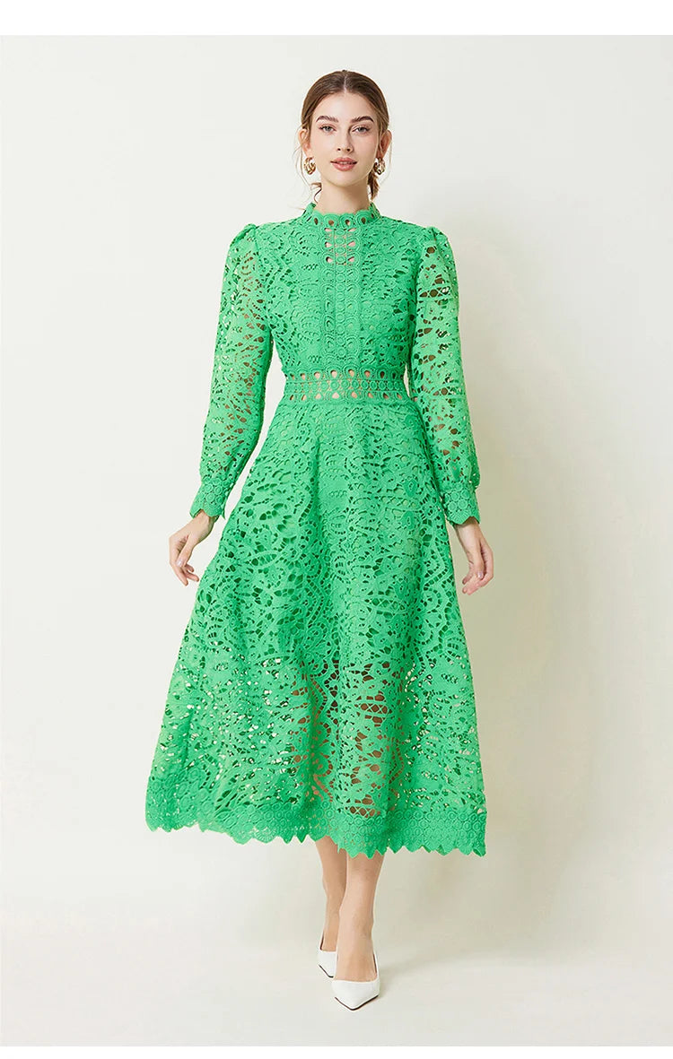 Solid Lace Holloe Out Slimming Elegant Dresses For Women Stand Collar Long Sleeve High Waist Minimalist Dress Female Fashion