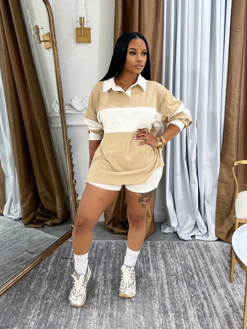 Streetwear Colorblock 2 Piece Sets Women Outfit Summer Clothing Women Full Sleeve Polo-T-Shirt Top Shorts Sets Sporty Tracksuits