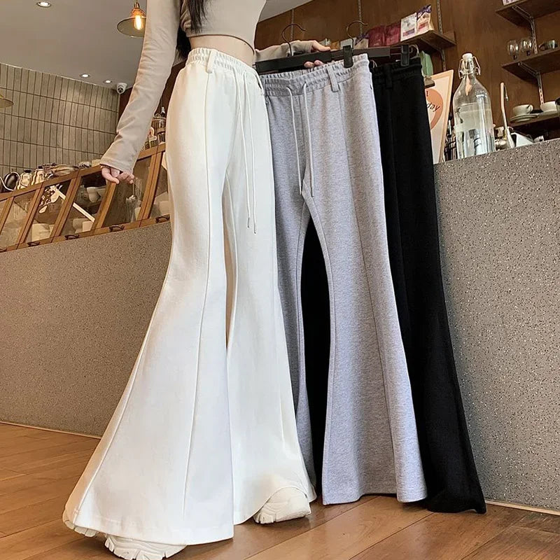 Girls Designer High Waist Flared Pants Lady Korean Slim Fit Casual Trousers Women Chic Drawstring Straight Leg Pants