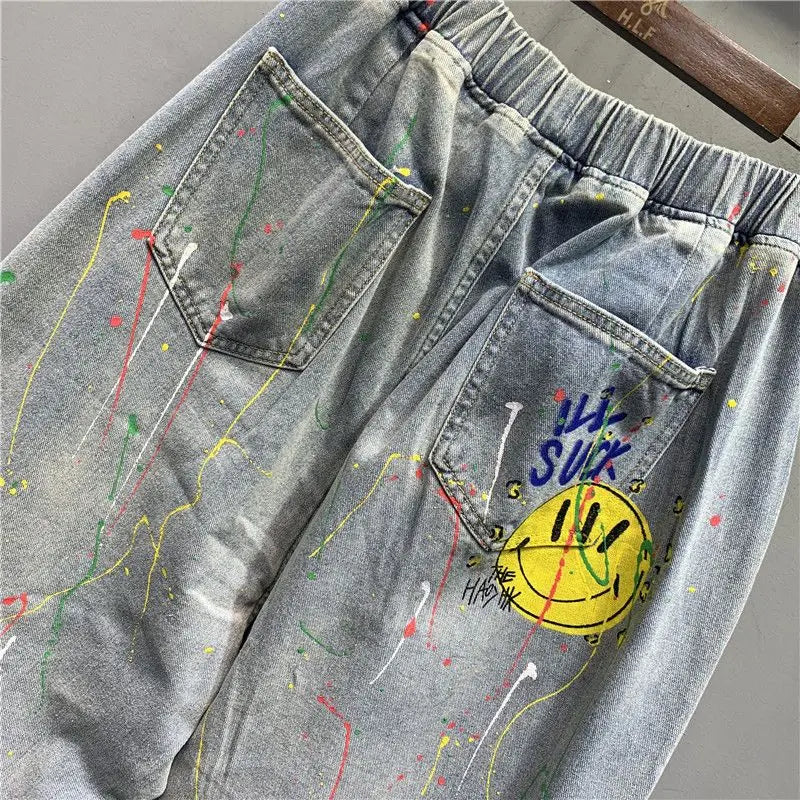 2025 Fashion Printed Ripped Distressed Streetwear Jeans Women's Summer New High-waisted Loose Straight-leg Versatile Harem Pants